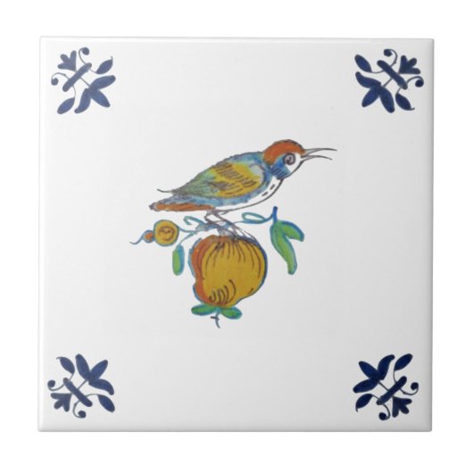 Delft Bird on Branch met Fruit Repro c. 1650 Tegel Tegeltje (Voorkant)