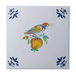 Delft Bird op Branch met Fruit Repro c. 1650 Tegeltje