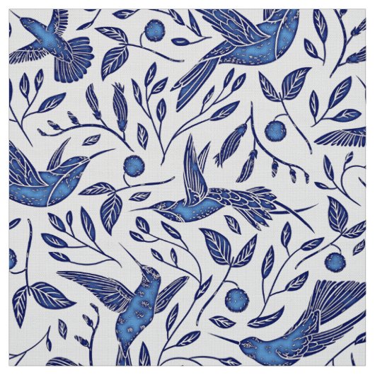 Delft Blue Birds Seamless Pattern Stof (Swatch)