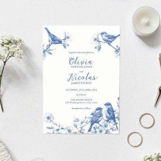 Delft Blue Birds Spring Wedding Invitation