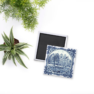 Delft Blue City Buildings and Waterfront Painting Magneet