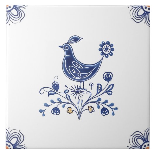Delft Blue Dutch Style Bird Flowers Indigo Ceramic Tegeltje (Voorkant)