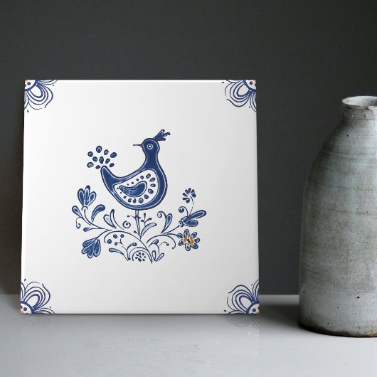 Delft Blue Dutch Style Bird Flowers Indigo Ceramic Tegeltje
