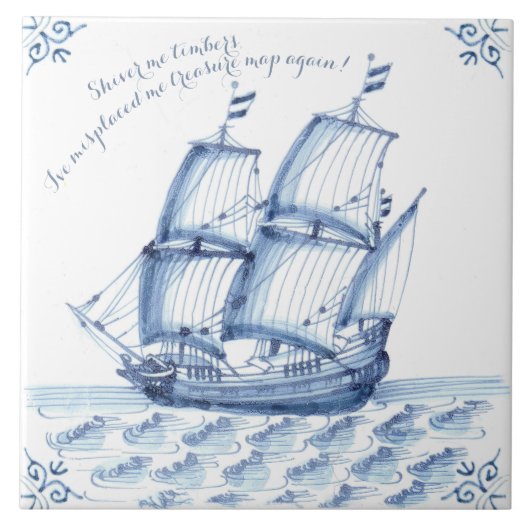 Delft Blue Dutch Style Frigate Schooner Sail Boat Tegeltje (Voorkant)