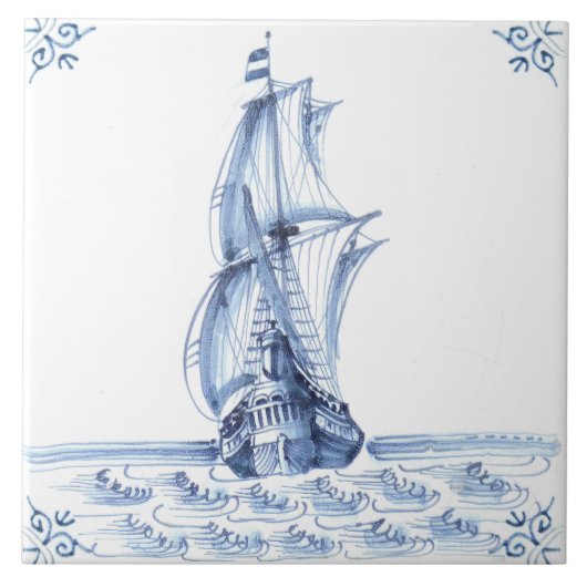 Delft Blue Dutch Style Frigate Schooner Sail Boat Tegeltje (Voorkant)