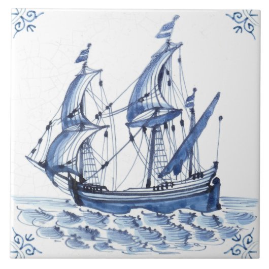 Delft Blue Dutch Style Frigate Schooner Sail Boat Tegeltje (Voorkant)