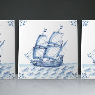 Delft Blue Dutch Style Frigate Schooner Sail Boat Tegeltje