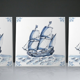Delft Blue Dutch Style Frigate Schooner Sail Boat Tegeltje