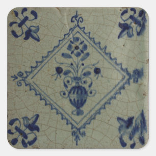 Delft Blue Tile - Vase met Flowers en Bouquet Vierkante Sticker