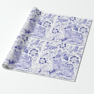 Delft Blue White Bunny Rabbit Birds Dedham Pasen Cadeaupapier