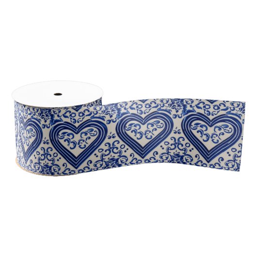 Delft China Style Blue Hearts -  geschilderd Grosgrain Lint (Spoel)