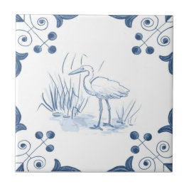 Delft Crane Tile met Scroll Corners Tegeltje