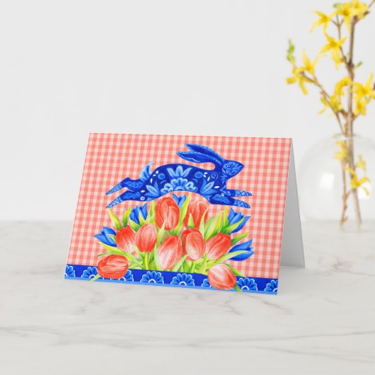 Delft Rabbit en Tulips Folded Wenskaart Kaart (Gele Bloem)