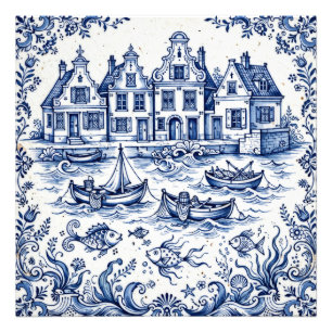 Delft Stad & Vissershaven Kobaltblauw Wit Foto Afdruk
