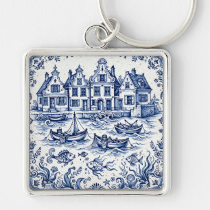 Delft Stad & Vissershaven Kobaltblauw Wit Sleutelhanger