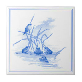  Delfts Blauw Art Nouveau Kikkers en Vogel Tegeltje
