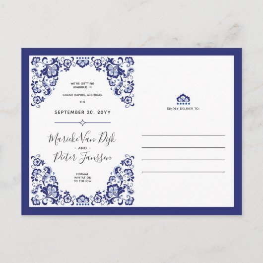 Delfts Blauw | Schrappen Blauw opslaan Datum foto Aankondigingskaart (Voorkant)