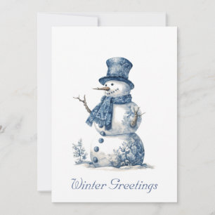 Delfts Blauwe Aquarel Sneeuwman Kerstkaart