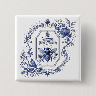 Delfts Blauwe Honing Bijen & Bloemen Vierkante Button 5,1 Cm