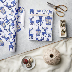 Delfts Blauwe Kerst Rendier en Lantaarn Vakantie Cadeaupapier