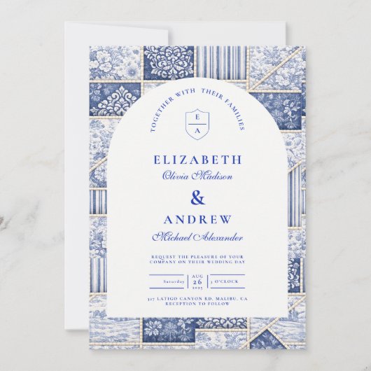 Delfts Blauwe Patchwork Toile Bruiloft Kaart (Voorkant)