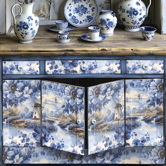 Delfts Blauwe Windmolens Wilde Rozen Decoupage Tissuepapier