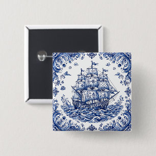 Delfts Stijl Blauw Wit Koopvaardijschip Vierkante Button 5,1 Cm