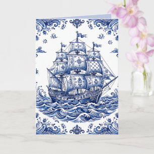 Delfts Stijl Blauw Witte Koopvaardijschip Kaart