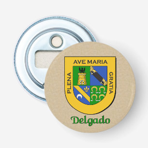 Delgado Heraldic Arms op perkament stijl terug Button Flesopener