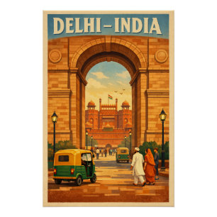 Delhi, India, in een klassieke retro-reisstijl Perfect Poster