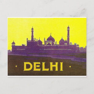 Delhi, silhouet van de stad, tempel en fort briefkaart