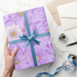 Delicaat lila madeliefjes crèmewit bloemmotief cadeaupapier