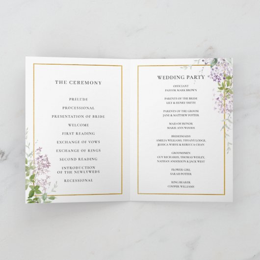 Delicaat Lila Paarse Bloemen Goud Bruiloft Program Programma (Binnen)
