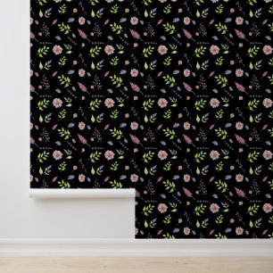 Delicaat Stijlvol Botanisch Bloemen Patroon op Zwa Behang