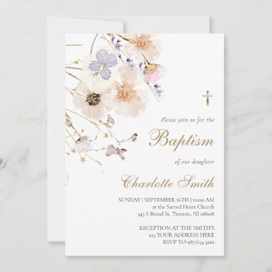 délicat Baptême fleur sauvage Invitation (Devant)