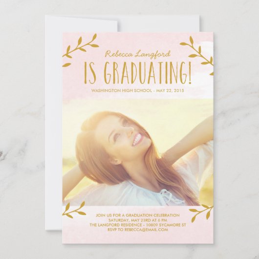 Délicat Feuille Invitation de diplôme rose (Devant)