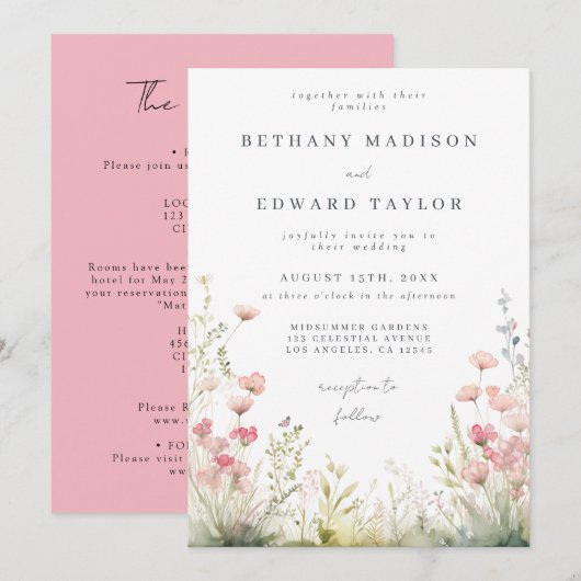 Délicat Floral Tout En Un Faire-part de mariage (Devant / Derrière)