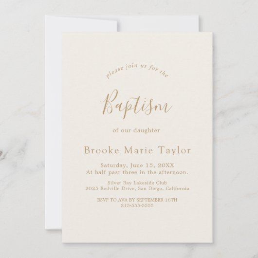 Délicat Gold Calligraphie Crème Baptême Invitation (Devant)