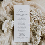 Délicat Silver Calligraphy Menu Mariage Dîner<br><div class="desc">Cette délicate carte de menu mariage de calligraphie argentée est parfaite pour un mariage moderne. Le design minimaliste romantique présente une belle et élégante typographie gris argenté sur un arrière - plan blanc au look épuré et simple. Ce menu peut être utilisé pour une réception de mariage, un dîner de...</div>