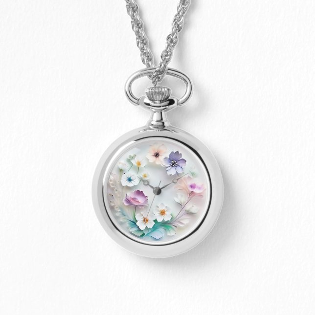 Delicate 3D Pastel Flowers Horloge Ketting (Voorkant)