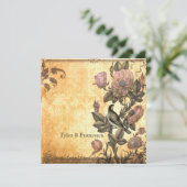Delicate Bird Floral Damask Wedding Invitation Kaart (Staand voorkant)