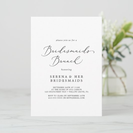 Delicate Black Calligraphy Bridesmaids Brunch Kaart (Staand voorkant)