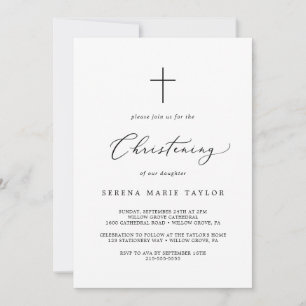 Delicate Black Calligraphy Cross Christening Kaart