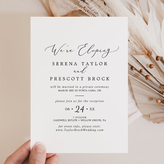 Delicate Black Calligraphy Elopement Reception Kaart