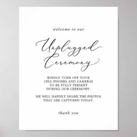 Delicate Black Calligraphy Unplugged Ceremony Sign Poster (Voorkant)