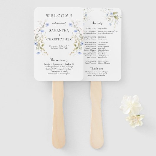 Delicate blauw Wildflower krans lijst programma Handwaaier (Voorkant en achterkant)