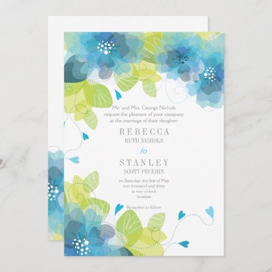 Delicate blauwe bloemen bloemlentebruiloft kaart (Voorkant / Achterkant)