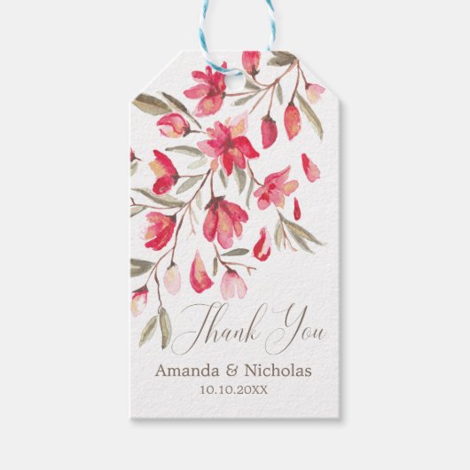 Delicate bloei roze waterverf bruiloft dank u cadeaulabel (Voorkant)
