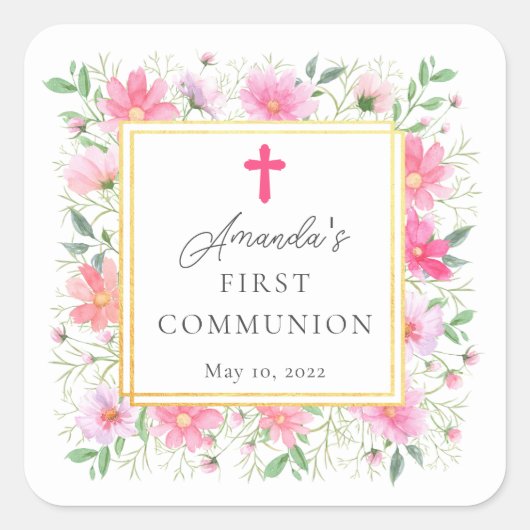 Delicate bloemblaadjes Eerste Heilige Communie Vierkante Sticker (Voorkant)