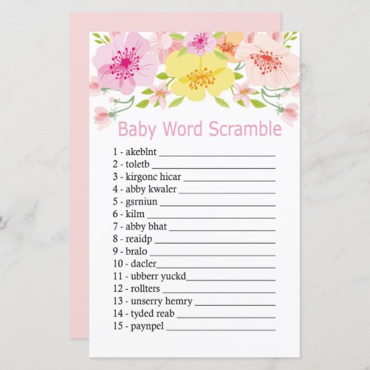 Delicate bloemen Baby word scramble game (Voorkant / Achterkant)